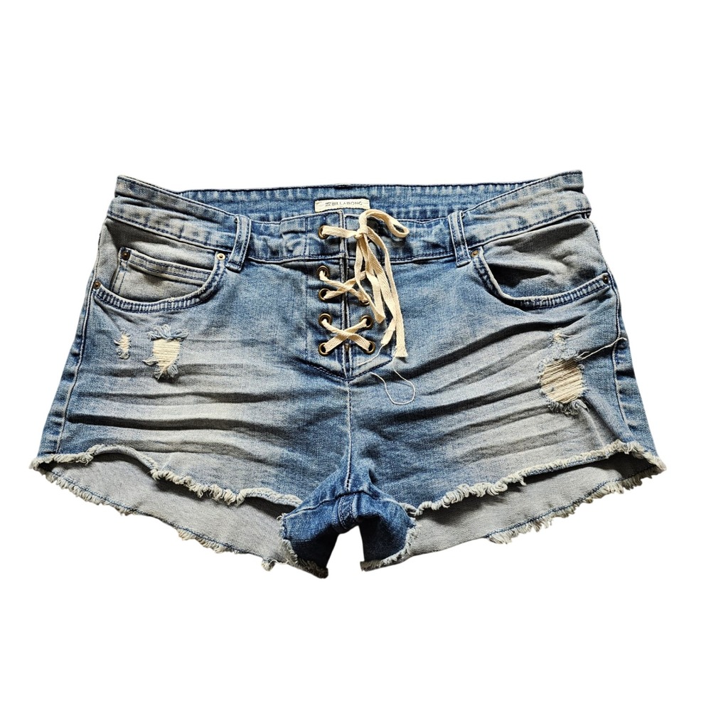 Billabong Lace Up Distressed Denim Shorts Womens 29 Blue Light Wash Frayed Hem